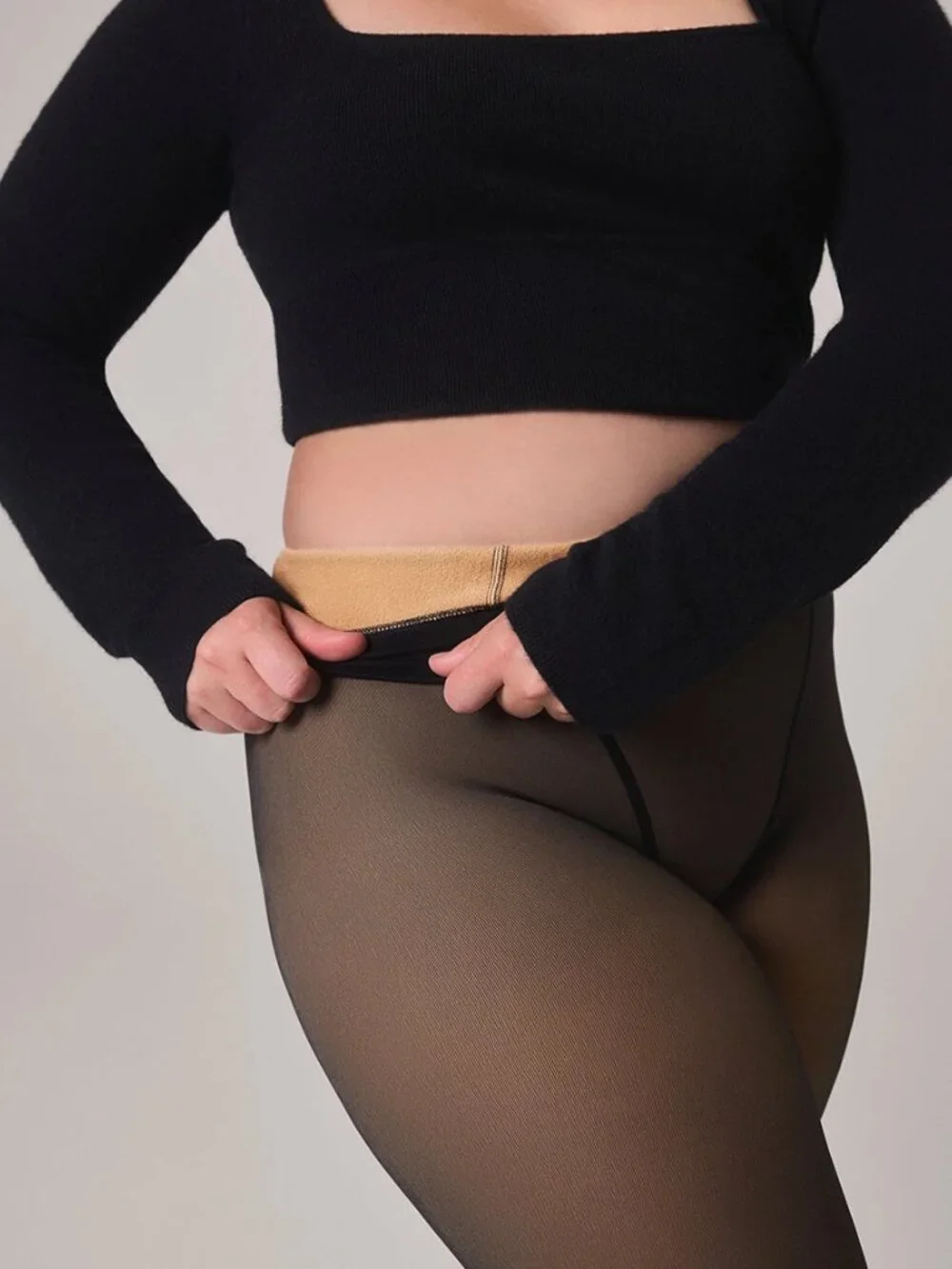TOAST SHEER ILLUSION FLEECE-LINED TIGHT FAIR/BLACK 1X/2X